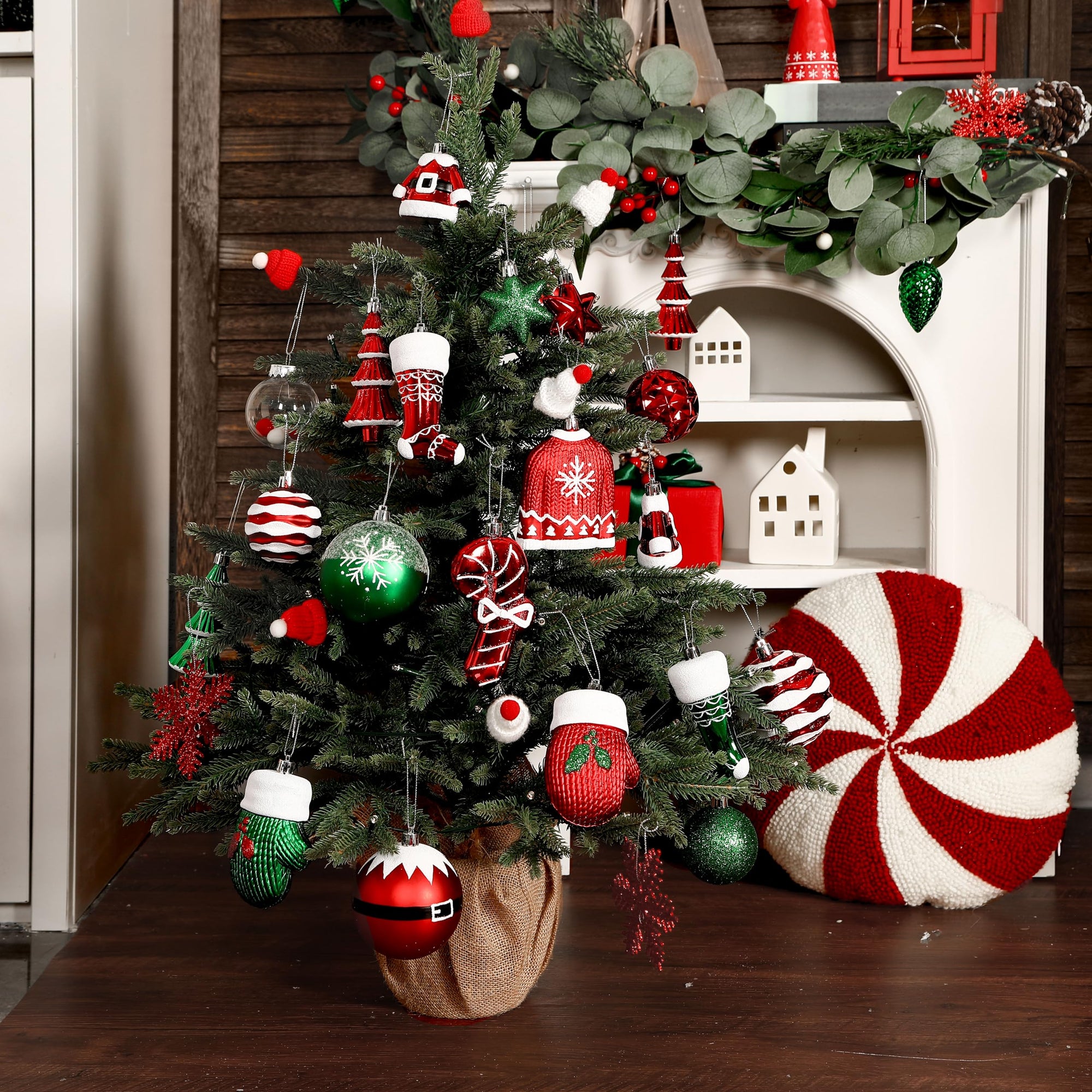85ct RedGreenWhite Christmas Balls Ornaments Set with Hanging Strings