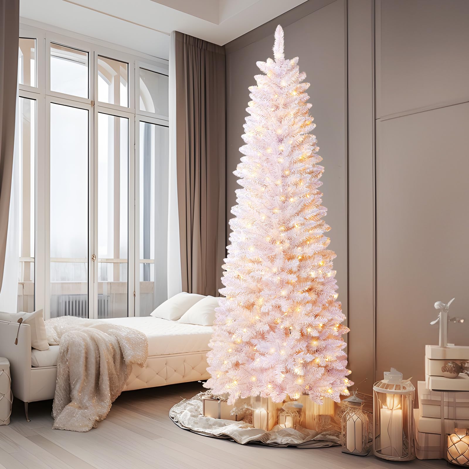SHareconn 6ft Prelit Artificial Hinged Slim Pencil Christmas Tree, Pre-Lit 240 Warm White & Multi-Color Lights with Remote Control, Full Branch Tips, First Choice Decorations for X-mas, 6 FT White - SHareconn