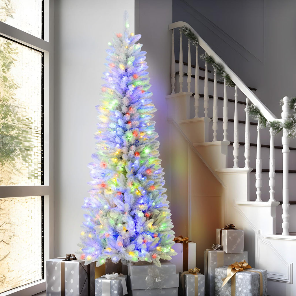 SHareconn 5ft Prelit Artificial Hinged Slim Pencil Christmas Tree, Pre-Lit 180 Warm White & Multi-Color Lights with Remote Control, Full Branch Tips, First Choice Decorations for X-mas, 5 FT White - SHareconn