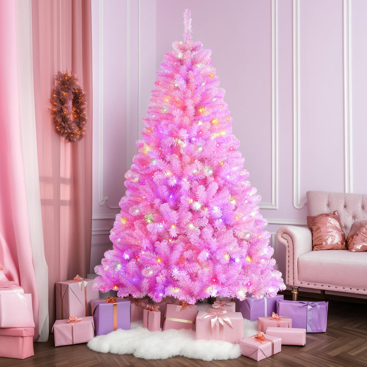 SHareconn 4ft Prelit Premium Artificial Hinged Christmas Tree with Remote Control,Timer,and 170 Warm White & Color LED Changing Lights,414 Branch Tips,Perfect Choice for Xmas Decoration,4 FT,Pink - SHareconn