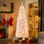 SHareconn 7.5ft Prelit Artificial Hinged Slim Pencil Christmas Tree with Warm White Lights, Full Branch Tips, Perfect Choice Decoration for Xmas Holiday, 7.5 FT, White - SHareconn