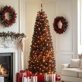 SHareconn 4ft Prelit Artificial Hinged Slim Pencil Christmas Tree with Warm White Lights, Full Branch Tips, Perfect Choice Decoration for Xmas Holiday, 4 FT, Black - SHareconn