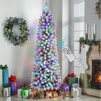6ft Prelit Multi-Color RGB Lights Snow Flocked Artificial Hinged Slim Pencil Christmas Tree with Remote - SHareconn