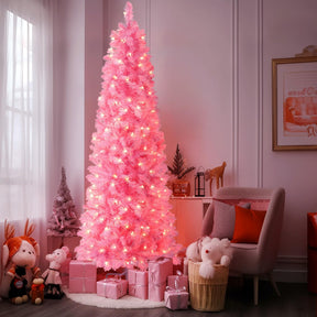 Hareconn 4ft Prelit Artificial Hinged Slim Pencil Christmas Tree with Warm White Lights, Full Branch Tips, Perfect Choice Decoration for Xmas Holiday, 4 FT, Pink - SHareconn