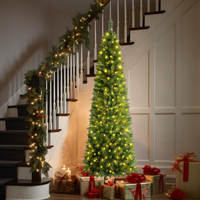 SHareconn 7.5ft Prelit Artificial Hinged Slim Pencil Christmas Tree, Pre-Lit 310 Warm White & Multi-Color Lights with Remote Control, Full Branch Tips, First Choice Decorations for X-mas, 7.5 FT,Green - SHareconn