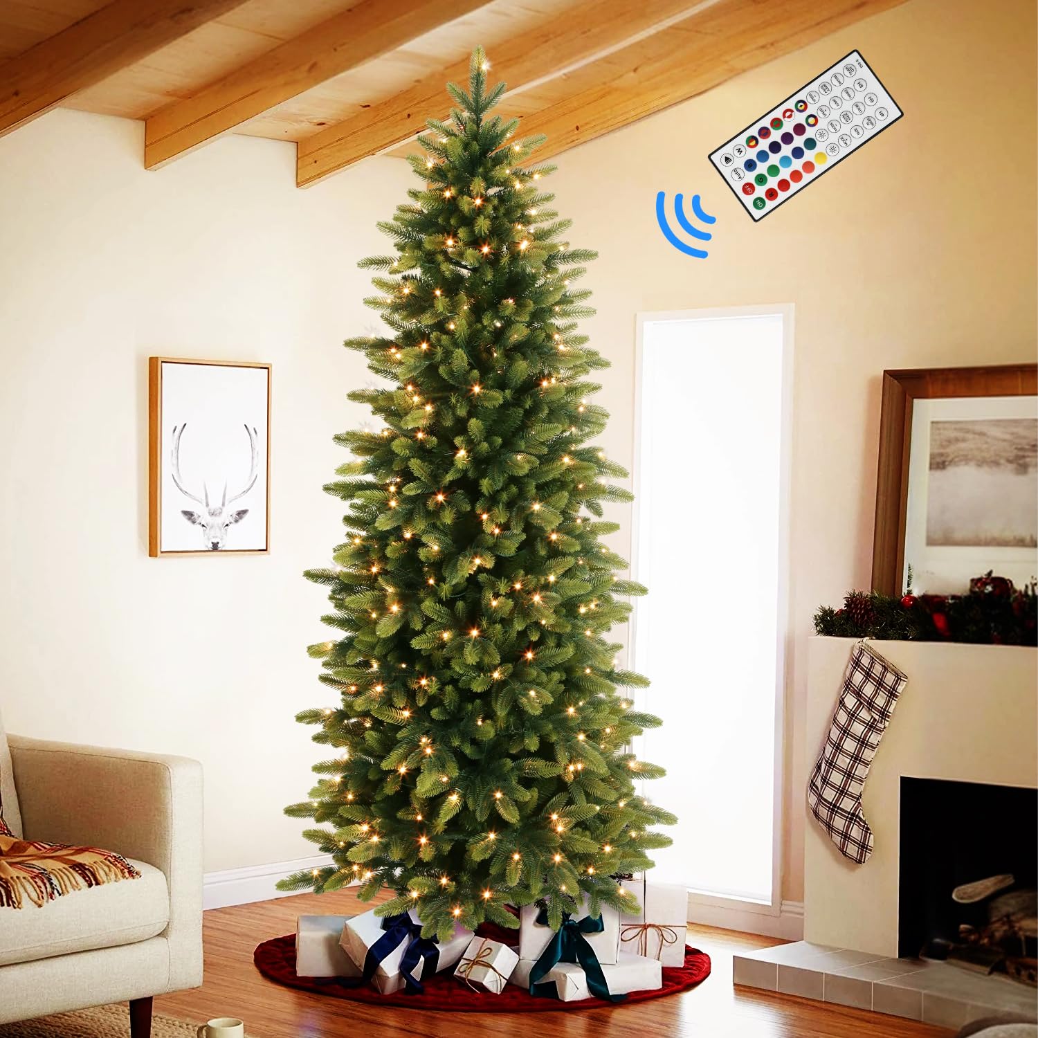 7.5ft Prelit Artificial Hinged Christmas Tree with Remote Control, 360 Pre-Lit Multi-Color RGB Lights and 1959 PE & PVC Branch Tips, Perfect Choice for Xmas Decoration, 7.5 FT - SHareconn