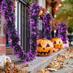 Alupssuc 6 Pieces Total 50 FT Halloween Tinsel Garland with Spider Web Sequins, Metallic Shiny Twist Garland Hanging Decorations for Halloween Party Indoor and Outdoor Decor, Black and Purple - SHareconn