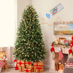 7.5ft Prelit Premium Artificial Hinged Full Christmas Tree with Remote Control, Timer, 600 Warm White & Colored Changing Lights, 1943 Branch Tips, Perfect Choice for Xmas Decoration, 7.5 FT - SHareconn