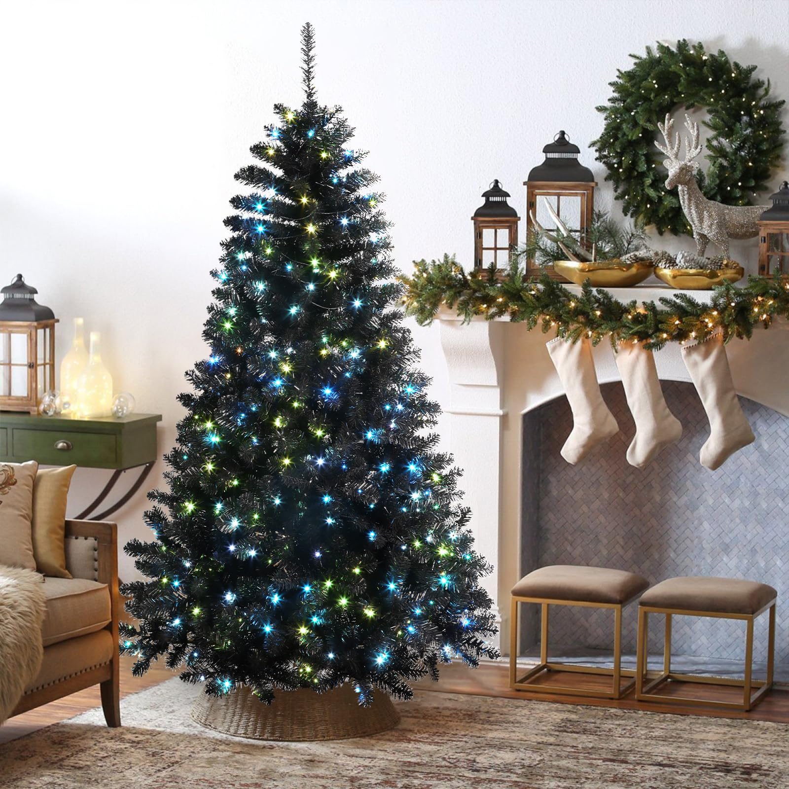 SHareconn 6ft Prelit Premium Artificial Hinged Christmas Tree with 250 RGB Lights, 952 Branch Tips and Foldable Metal Stand, Perfect Choice for Xmas Decoration, 6 FT, Black - SHareconn