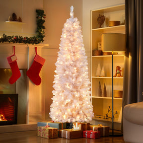 SHareconn 6ft Prelit Artificial Hinged Slim Pencil Christmas Tree with Warm White Lights, Full Branch Tips, Perfect Choice Decoration for Xmas Holiday, 6 FT, White - SHareconn