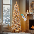 SHareconn 7.5ft Prelit Snow Flocked Artificial Hinged Slim Pencil Christmas Tree, with Remote Controlled Multi-Color RGB Lights, Full Branch Tips,Good Choice Decoration for Xmas Holiday,7.5 FT, Green - SHareconn