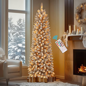SHareconn 7.5ft Prelit Snow Flocked Artificial Hinged Slim Pencil Christmas Tree, with Remote Controlled Multi-Color RGB Lights, Full Branch Tips,Good Choice Decoration for Xmas Holiday,7.5 FT, Green - SHareconn