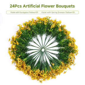 24 Bundles Artificial Flowers for Outdoors Decoration, UV Resistant Silk Violet Faux Colorful Daisy Eucalyptus, Yellow