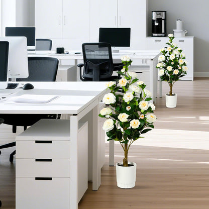 2 Pack Faux White/Pink/Orange Camellia Tree, 3FT/4FT