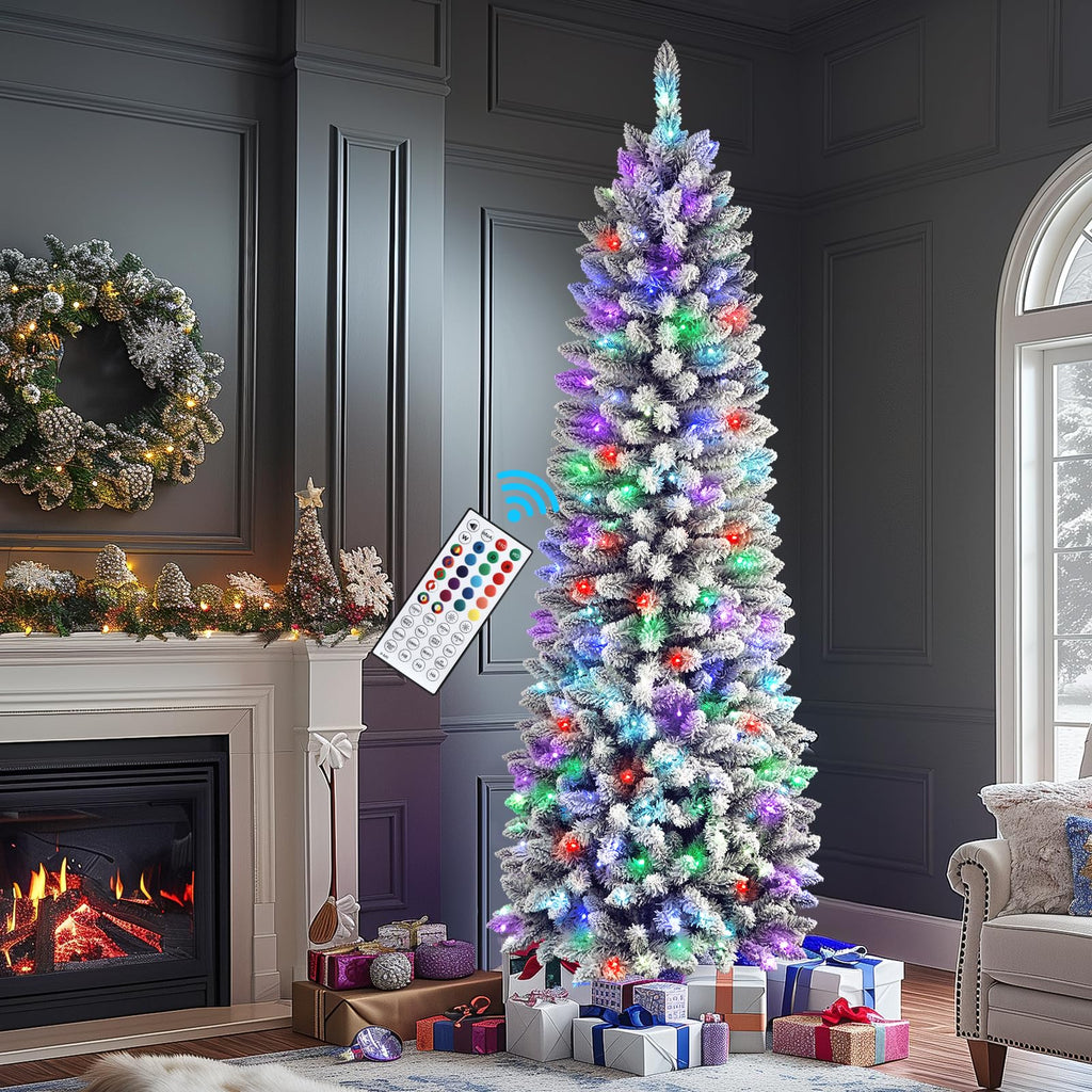 6ft Prelit Multi-Color RGB Lights Snow Flocked Artificial Hinged Slim Pencil Christmas Tree with Remote - SHareconn