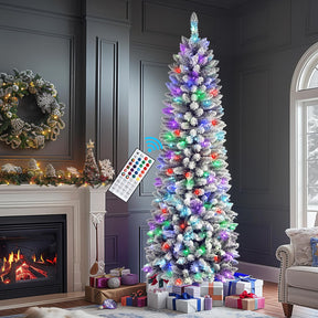 6ft Prelit Multi-Color RGB Lights Snow Flocked Artificial Hinged Slim Pencil Christmas Tree with Remote - SHareconn